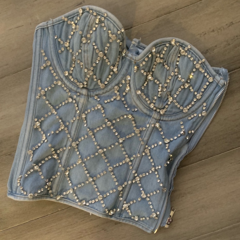 Akira CAMMIE RHINESTONE DENIM CORSET In Light Blue Denim